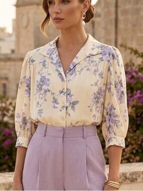 Simple Retro Floral Lyocell Blouse‎ Yellow Purple Puff 3/4 Sleeve 55198 Small